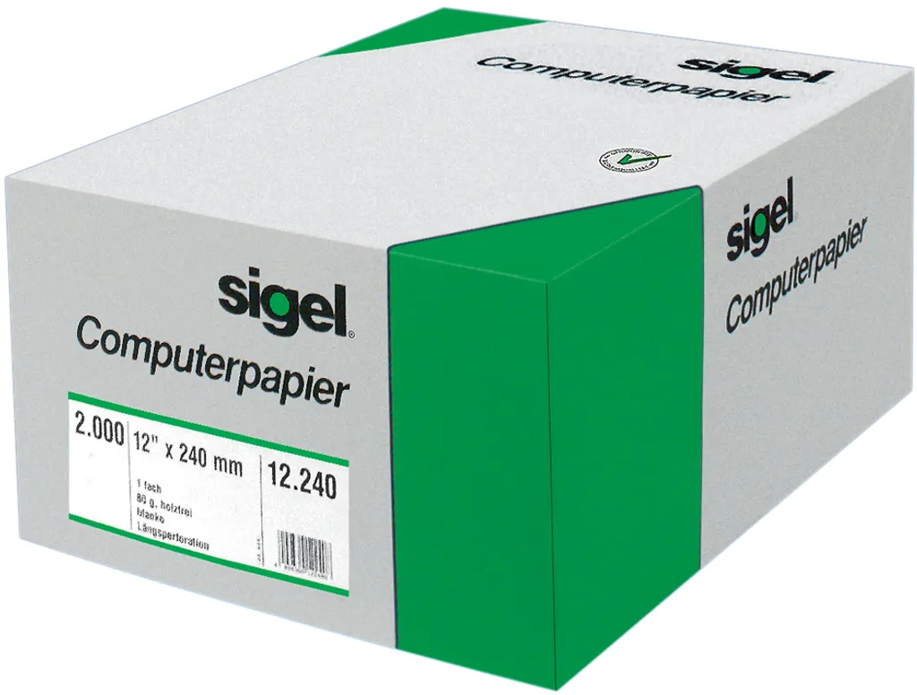 sigel DIN Computerpapier endlos 240 mm x 12" (30,48 cm) A4 hoch 1-fach 2.000 Blatt